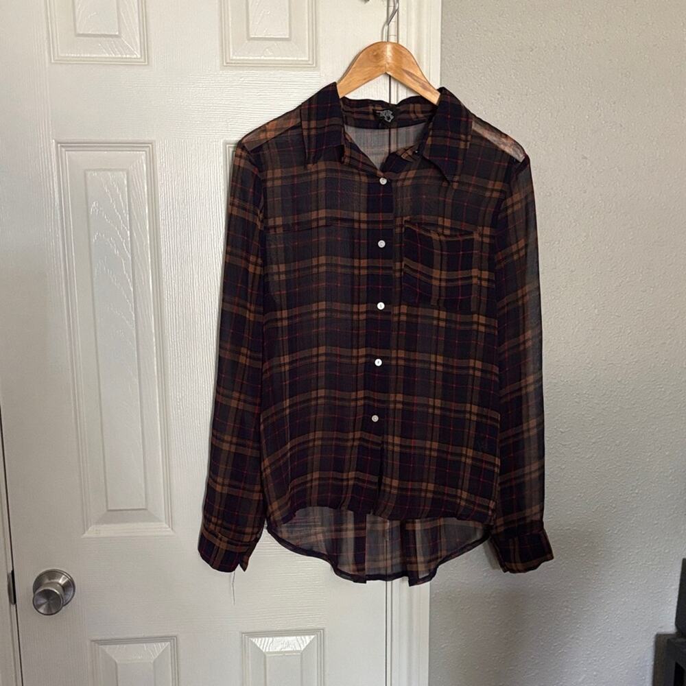 Plaid Button-Up women sheer Button Down Shirt Size Small